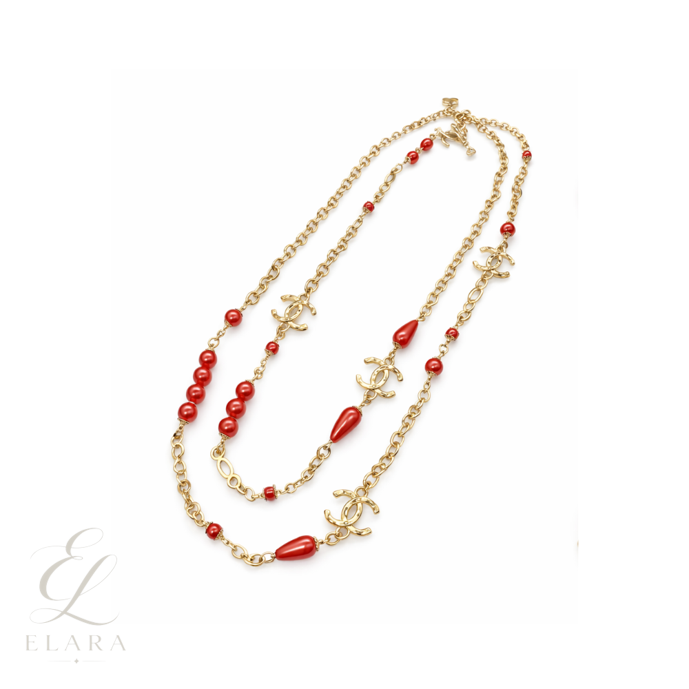 Chanel | Logo Red Resin Pearl Crystal Station Necklace – product image 1
