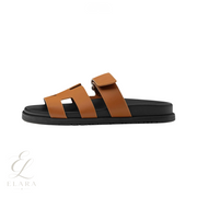 Hermès | Chypre Brown Calfskin Black Sole Slides – product image 1