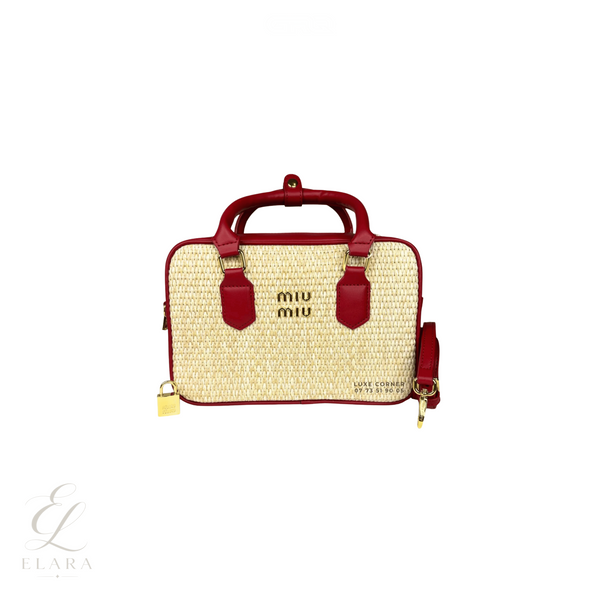 Miu Miu | Straw Zip-Up Red Leather Trim Handles Bag