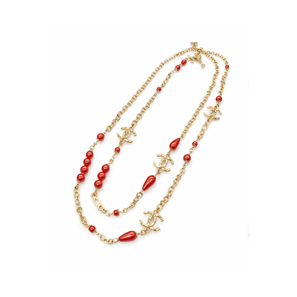 Chanel | Logo Red Resin Pearl Crystal Station Necklace