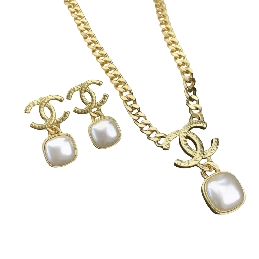 Chanel | Hammered Gold Tone CC Pearl Set Jewelry – product image 1