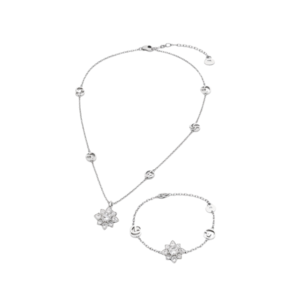 Gucci | GG Flower Crystal Necklace Bracelet Set Silver