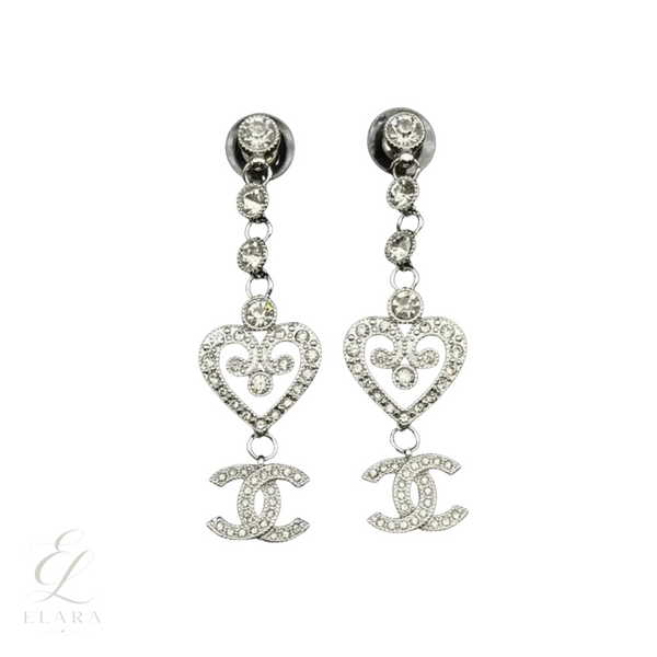 Chanel | Heart CC Logo Drop Earrings Silver Tone