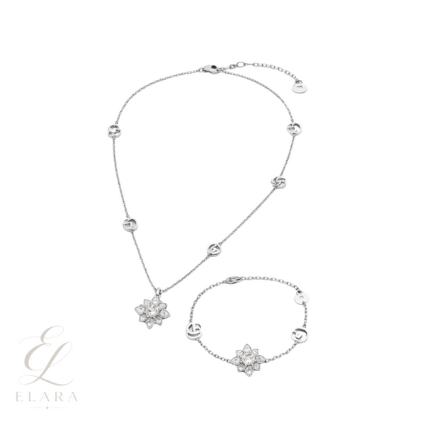 Gucci | GG Flower Crystal Necklace Bracelet Set Silver